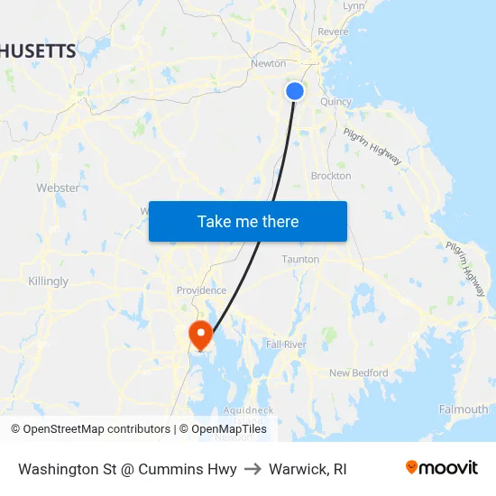Washington St @ Cummins Hwy to Warwick, RI map