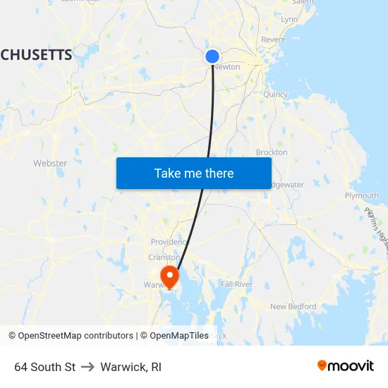 64 South St to Warwick, RI map