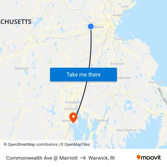 Commonwealth Ave @ Marriott to Warwick, RI map