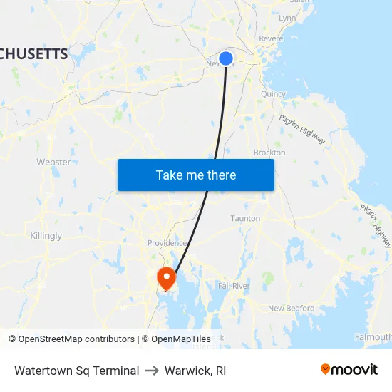 Watertown Sq Terminal to Warwick, RI map