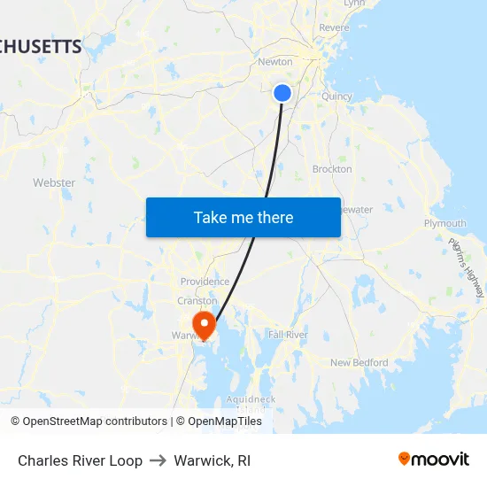 Charles River Loop to Warwick, RI map