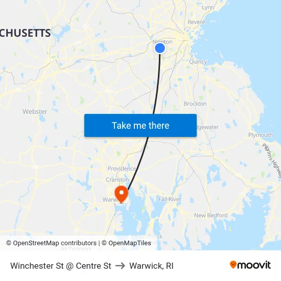 Winchester St @ Centre St to Warwick, RI map
