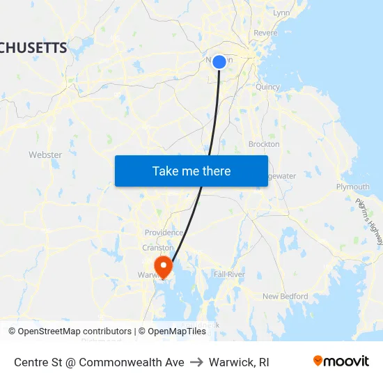 Centre St @ Commonwealth Ave to Warwick, RI map