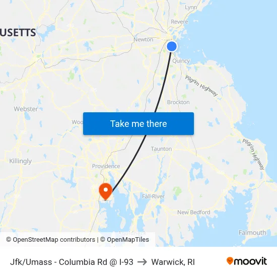 Jfk/Umass - Columbia Rd @ I-93 to Warwick, RI map