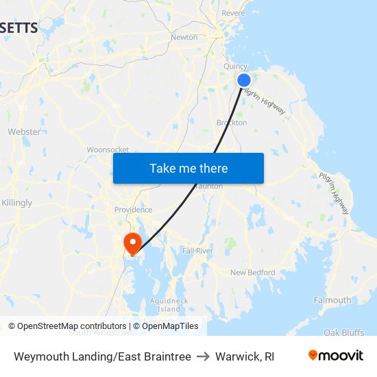 Weymouth Landing/East Braintree to Warwick, RI map