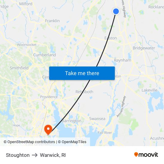 Stoughton to Warwick, RI map