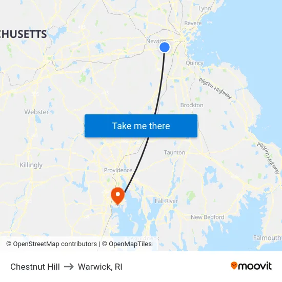 Chestnut Hill to Warwick, RI map