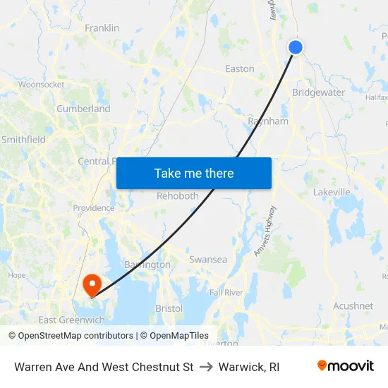 Warren Ave And West Chestnut St to Warwick, RI map