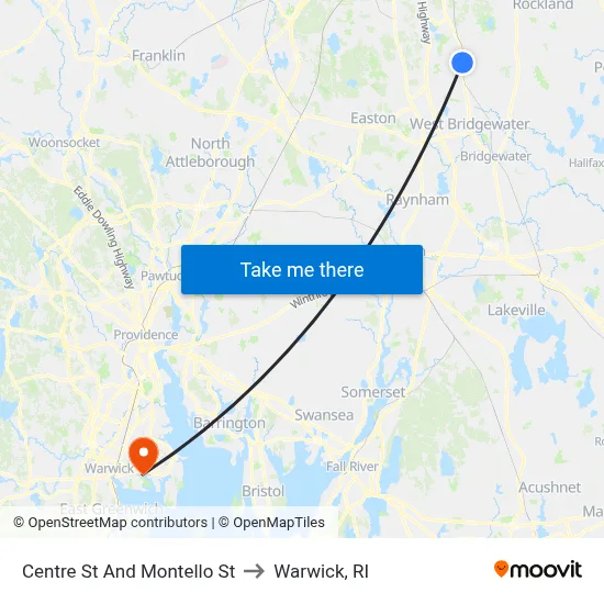 Centre St And Montello St to Warwick, RI map