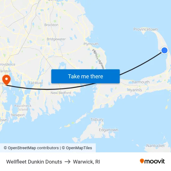 Wellfleet Dunkin Donuts to Warwick, RI map