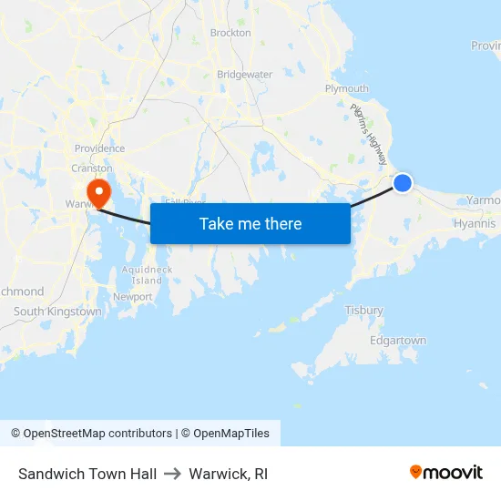 Sandwich Town Hall to Warwick, RI map