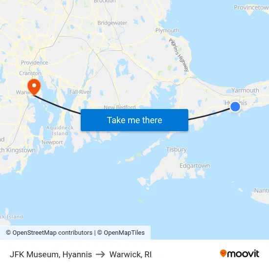 JFK Museum, Hyannis to Warwick, RI map