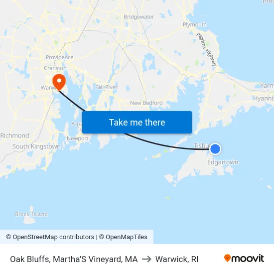 Oak Bluffs, Martha’S Vineyard, MA to Warwick, RI map