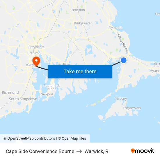 Cape Side Convenience Bourne to Warwick, RI map