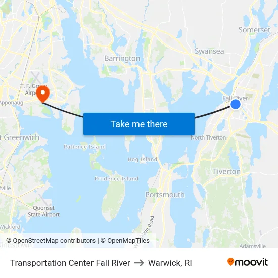 Transportation Center Fall River to Warwick, RI map