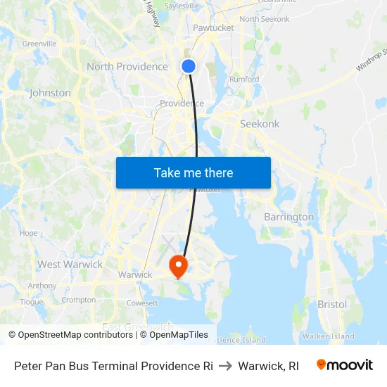 Peter Pan Bus Terminal Providence Ri to Warwick, RI map