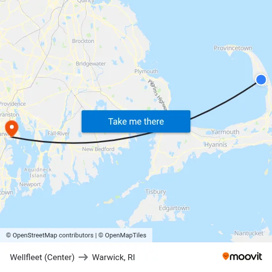 Wellfleet (Center) to Warwick, RI map