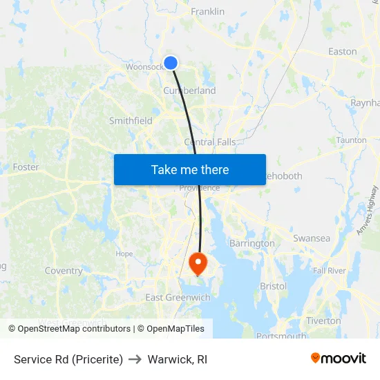 Service Rd (Pricerite) to Warwick, RI map