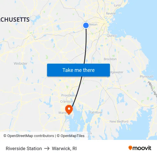 Riverside Station to Warwick, RI map
