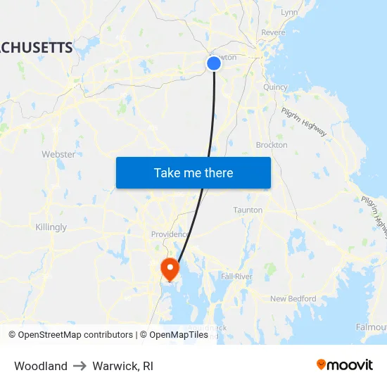 Woodland to Warwick, RI map