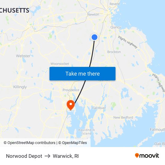Norwood Depot to Warwick, RI map