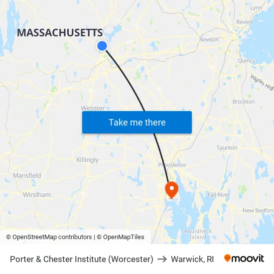 Porter & Chester Institute (Worcester) to Warwick, RI map