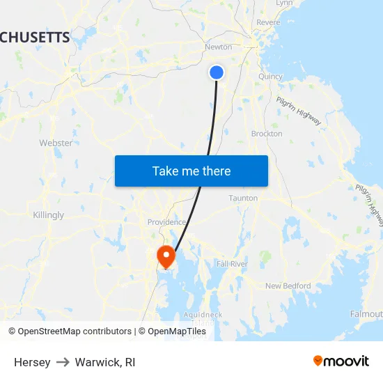 Hersey to Warwick, RI map