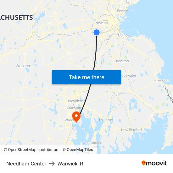 Needham Center to Warwick, RI map