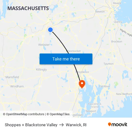 Shoppes + Blackstone Valley to Warwick, RI map