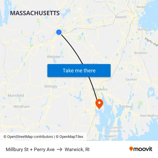 Millbury St + Perry Ave to Warwick, RI map
