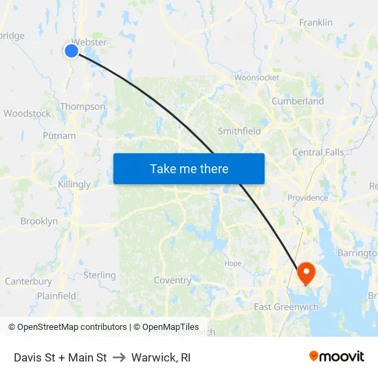 Webster Center to Warwick, RI map