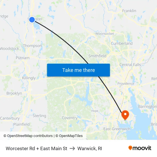 Worcester Rd at East Main to Warwick, RI map