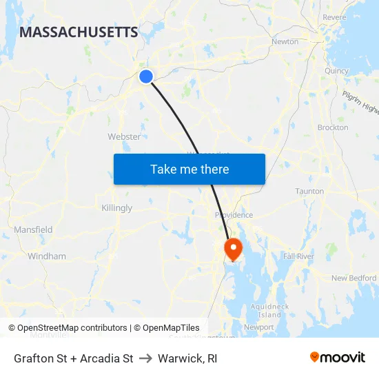 Grafton St at Arcadia to Warwick, RI map