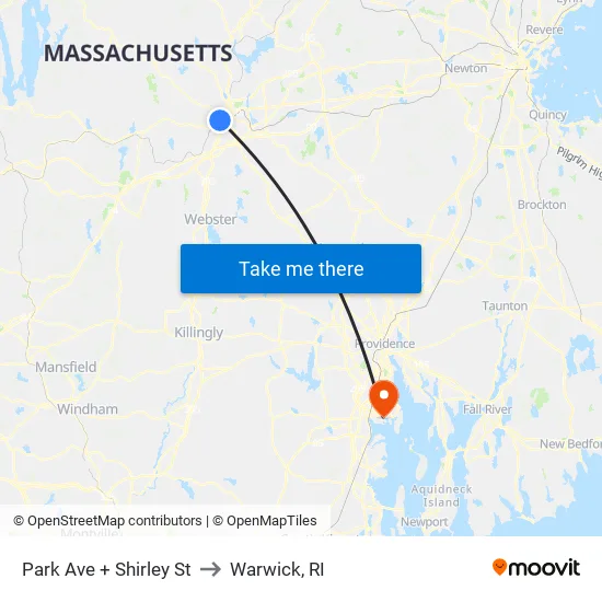 Park Ave + Shirley St to Warwick, RI map