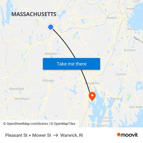 Pleasant St + Mower St to Warwick, RI map