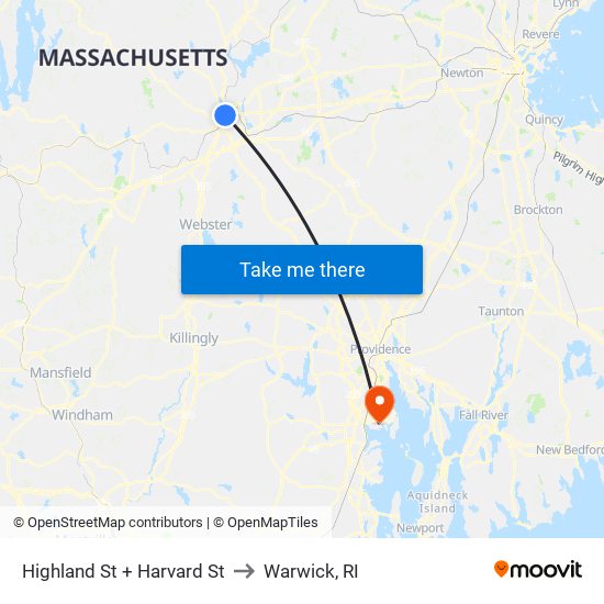 Highland St + Harvard St to Warwick, RI map