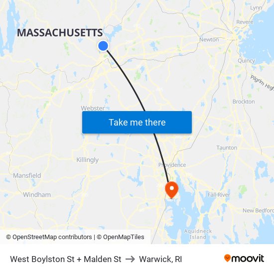 West Boylston St + Malden St to Warwick, RI map