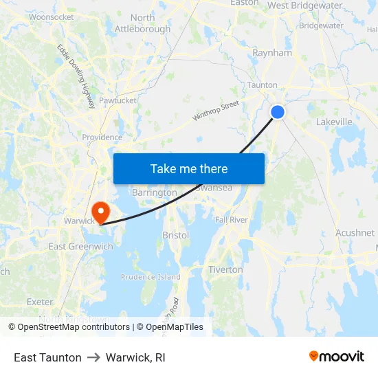 East Taunton to Warwick, RI map
