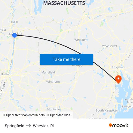 Springfield to Warwick, RI map