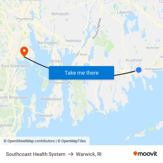 Southcoast Health System to Warwick, RI map