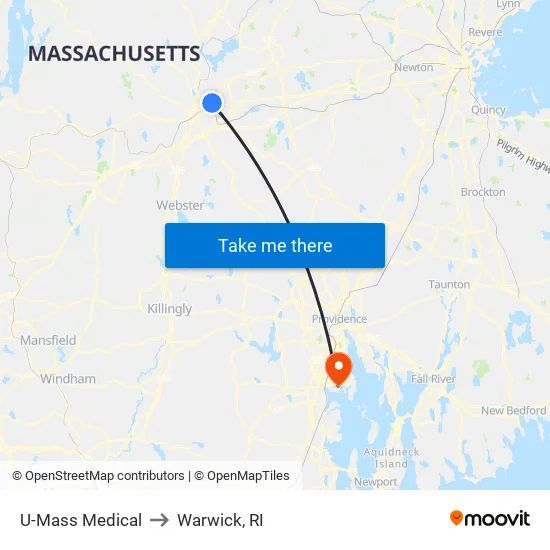 U-Mass Medical to Warwick, RI map