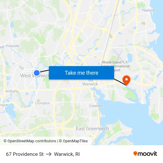 67 Providence St to Warwick, RI map