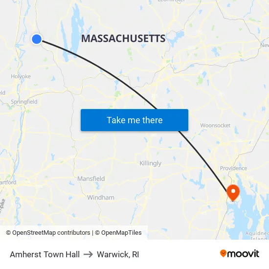 Amherst Town Hall to Warwick, RI map
