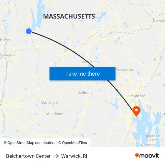 Belchertown Center to Warwick, RI map