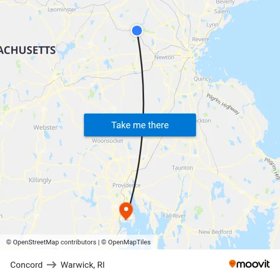 Concord to Warwick, RI map
