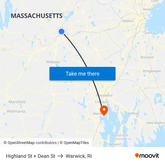 Highland St + Dean St to Warwick, RI map