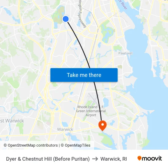 Dyer & Chestnut Hill (Before Puritan) to Warwick, RI map