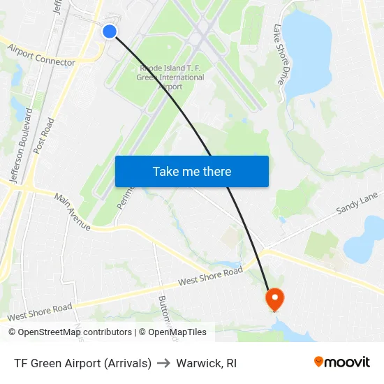 TF Green Airport (Arrivals) to Warwick, RI map