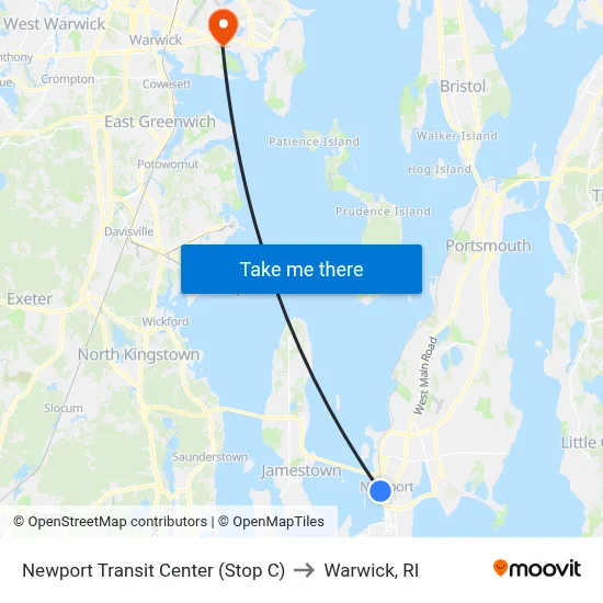 Newport Transit Center (Stop C) to Warwick, RI map