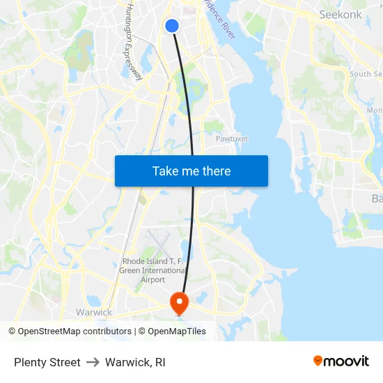 Plenty Street to Warwick, RI map
